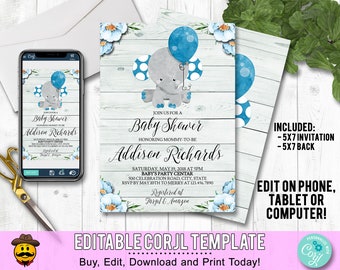 EDITABLE Boy Elephant Baby Shower Invitation Template Printable Shower Invite Floral Blue Baby Boy Safari Baby Shower Invitations Instant