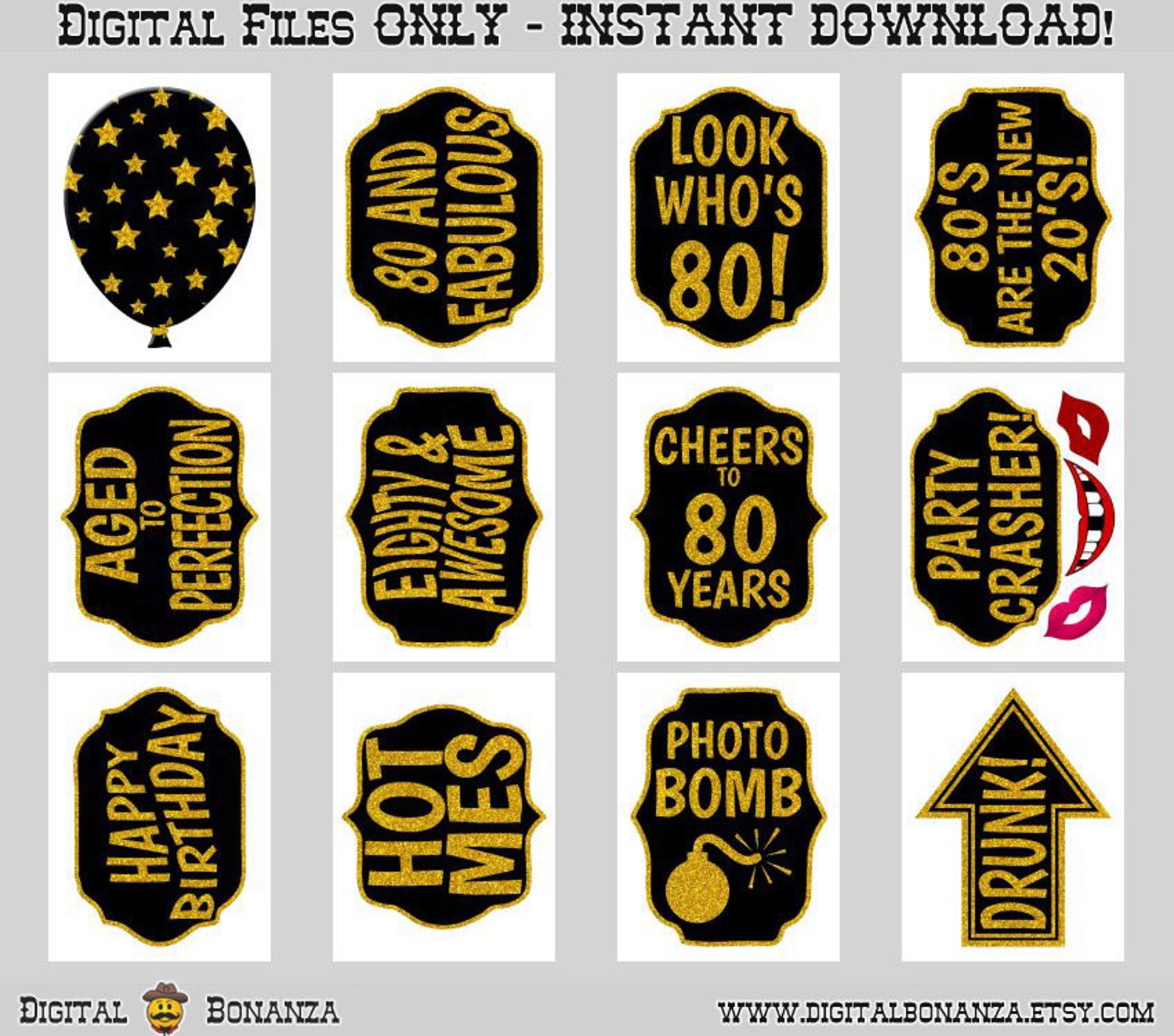 80th Birthday Party Printable Photo Booth Props. Black and - Etsy