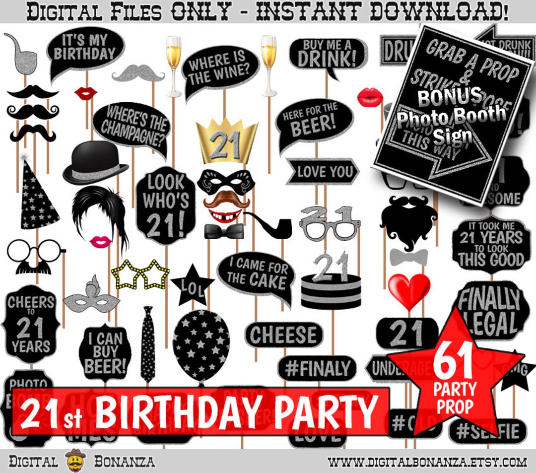21st Birthday Party Printable Photo Booth Props. Black and Silver ...
