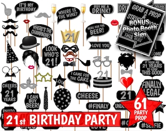 Accessori per Photo Booth per il 21° compleanno, glitter neri e argento (download digitale)