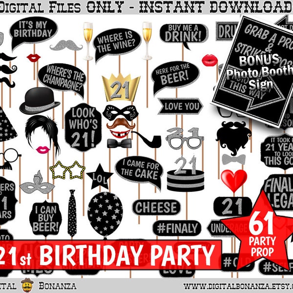 21st Birthday Party Printable Photo Booth Props. Black and Silver Glitter. Photobooth Selfies, Speech, Glasses, Hats, Ties, Lips, Mustaches.