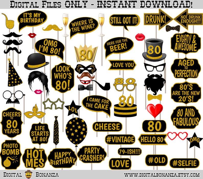 80th Birthday Party Printable Photo Booth Props. Black and - Etsy