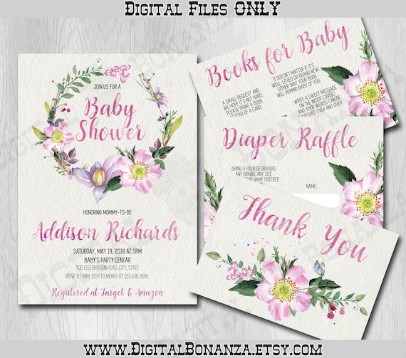 Baby Girl Shower Invitation Pink Floral Baby Shower Printable Invitation Pink Baby Shower Watercolor Dog Roses BS041 Il_570xn