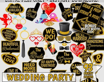 Black and Gold Wedding Photo Booth Props, 93 Piece Set (Digital Download)