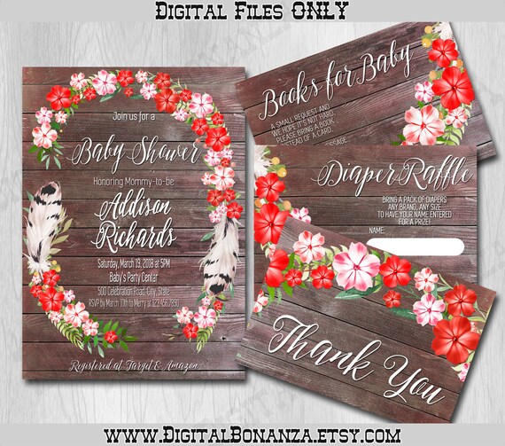Baby Shower Invitation Baby Girl Red Floral Baby Shower Printable Invitation Boho Baby Shower Red Blooms Il_570xn
