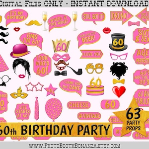60th Birthday Party Printable Photo Booth Props. Gold Foil and Pink. Photobooth Selfie, Pink Birthday Party, Gold and Pink Printable Props
