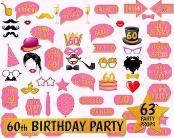 Accessori per photo booth per 60° compleanno, rosa e oro (download digitale)
