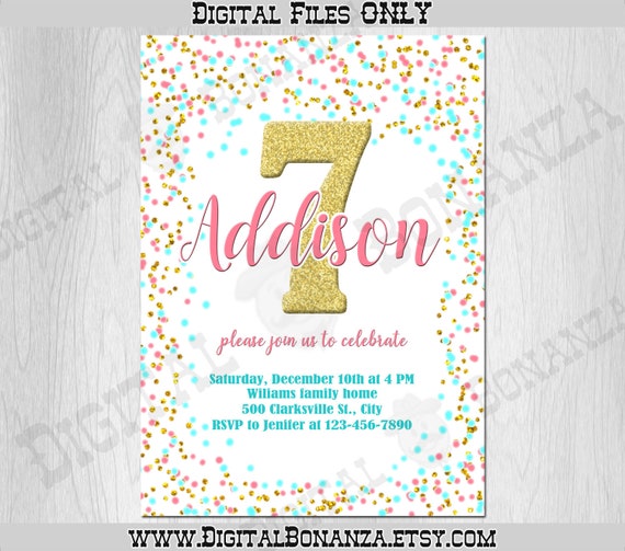 7th Birthday Invitation Pink Teal Gold Confetti Birthday Invitation