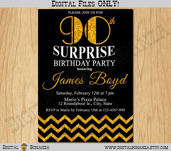 90th Birthday Invitation Gold Glitter Birthday Party Chevron Invite Adult Black Elegant Surprise Party Birthday Printable Digital AB10-90 Il_570xn