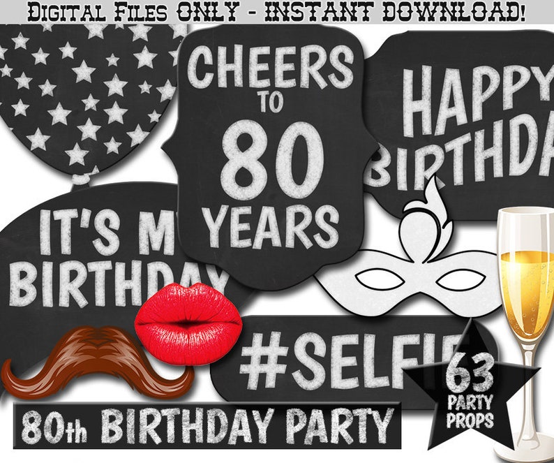 80th Birthday Party Printable Photo Booth Props Chalk and - Etsy