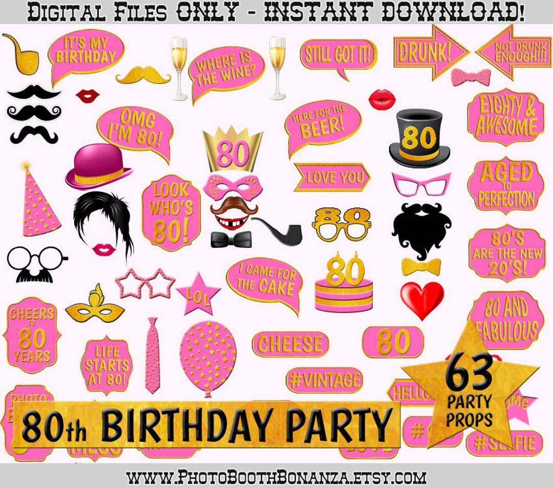 80th Birthday Party Printable Photo Booth Props. Gold Foil and Pink ...