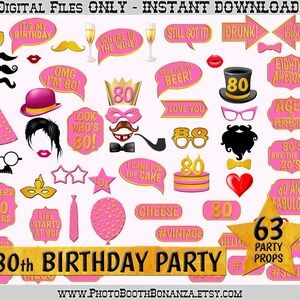 80th Birthday Party Printable Photo Booth Props. Gold Foil and Pink. Photobooth Selfie, Pink Birthday Party, Gold and Pink Printable Props
