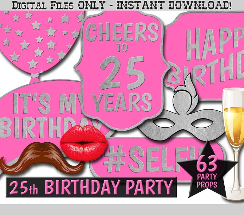 25th Birthday Party Printable Photo Booth Props Hot Pink and | Etsy