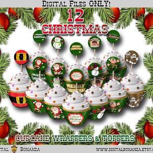 Christmas Cupcake Wrapper and Topper, Set of 12 Designs, Instant Download PDF digital File Only WBXmas image 1