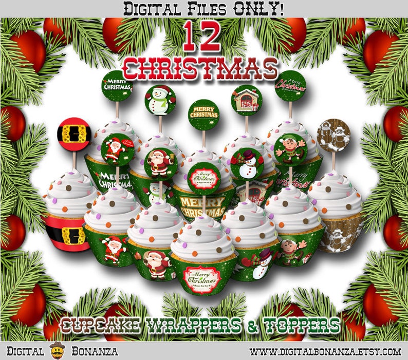 Christmas Cupcake Wrapper and Topper, Set of 12 Designs, Instant Download PDF digital File Only WBXmas image 1