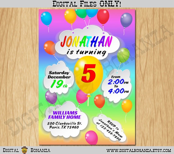 Cloud Birthday Invitation with balloons, Rainbow Invitation Back, Balloons and clouds birthday party digital invitation printable K0001 Il_570xn