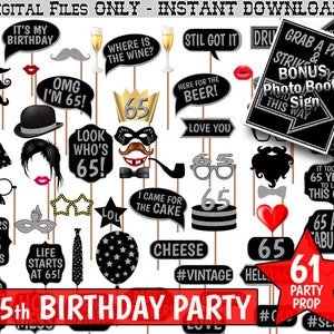 65th Birthday Party Photo Booth Props, Black and Silver Glitter. Printable Photobooth.