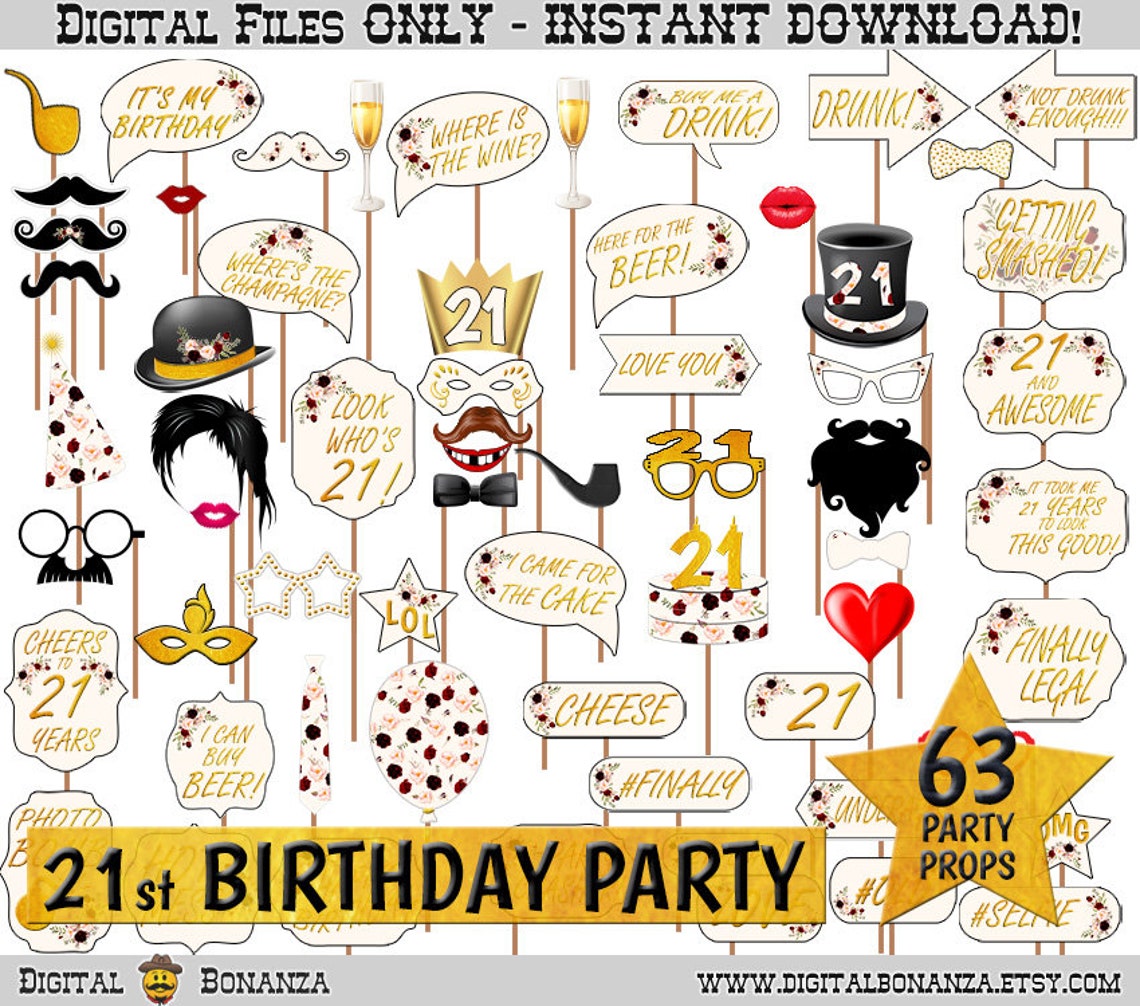 21st Birthday Party Printable Photo Booth Props Marsala - Etsy