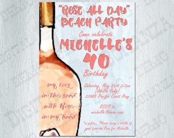 Rose All Day Beach Party Birthday Invitation Party Wine Beach Birthday Party Adult Summer Party Red Vino Watercolor Invite Printable