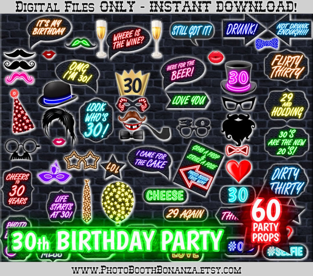 30th Birthday Party Printable Photo Booth Props. Multicolored NEON ...