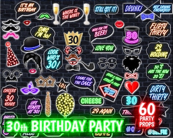 Accessori per photo booth per il 30° compleanno, decorazioni al neon per feste (download digitale)