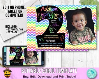 2nd Birthday Invitation Rainbow Chevron. Edit Yourself Online. Second Birthday Party Invite with Photo Printable Digital DIY Corjl