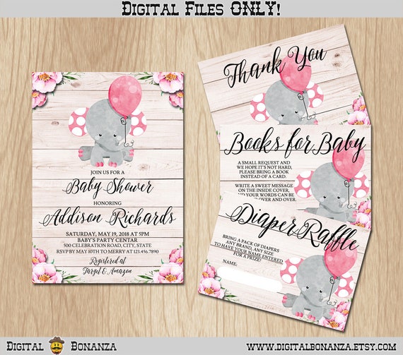 Girl Elephant Baby Shower Invitation Printable Girl Baby Shower