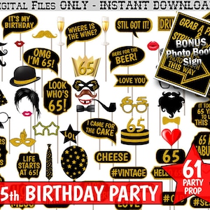 65th Birthday Party Photo Booth Props, Black and Gold Glitter. Printable Photobooth.
