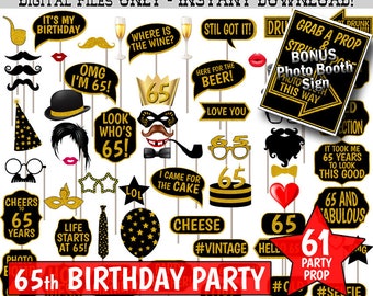 65th Birthday Party Photo Booth Props, Black and Gold Glitter. Printable Photobooth.