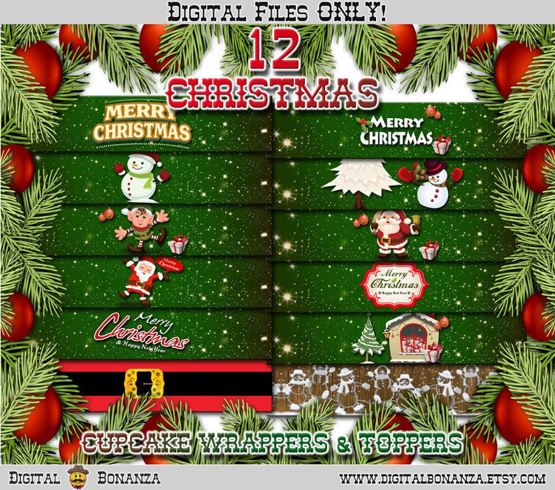Christmas Cupcake Wrapper and Topper, Set of 12 Designs, Instant Download PDF digital File Only WBXmas image 2