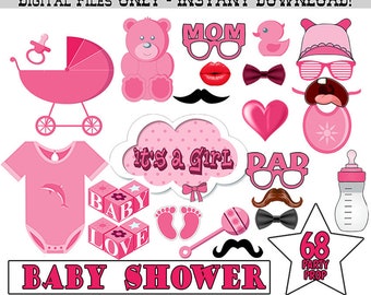 Accessori per photo booth per baby shower, set da 68 pezzi (download digitale)