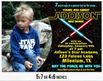 Kids Birthday Invitation Star Young Knight Lady Wars with Custom Photo Galaxy Background KSW002