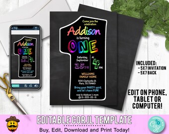 1st Birthday Invitation Chalkboard. Edit Yourself Online. First Birthday Party Invite Boy or Girl Printable Digital DIY Corjl