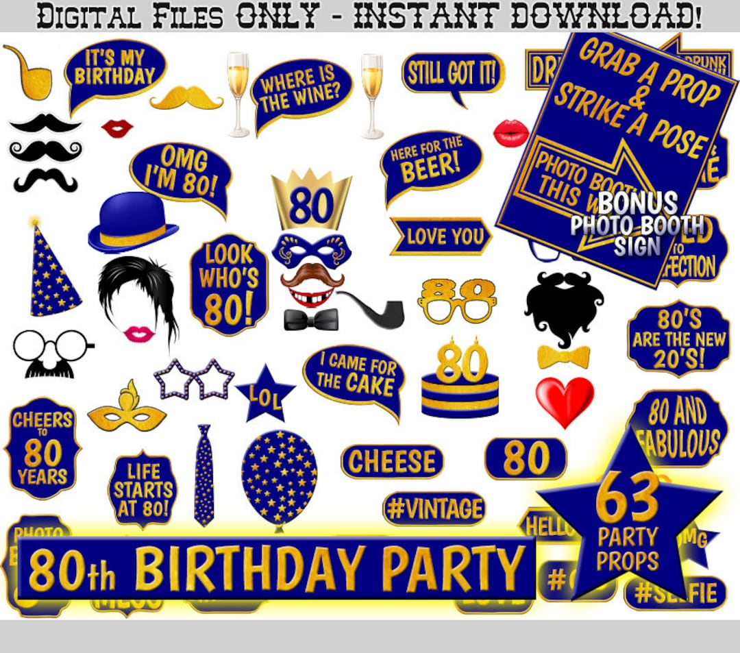 80th Birthday Party Photo Booth Props, Navy Blue and Gold, Printable ...