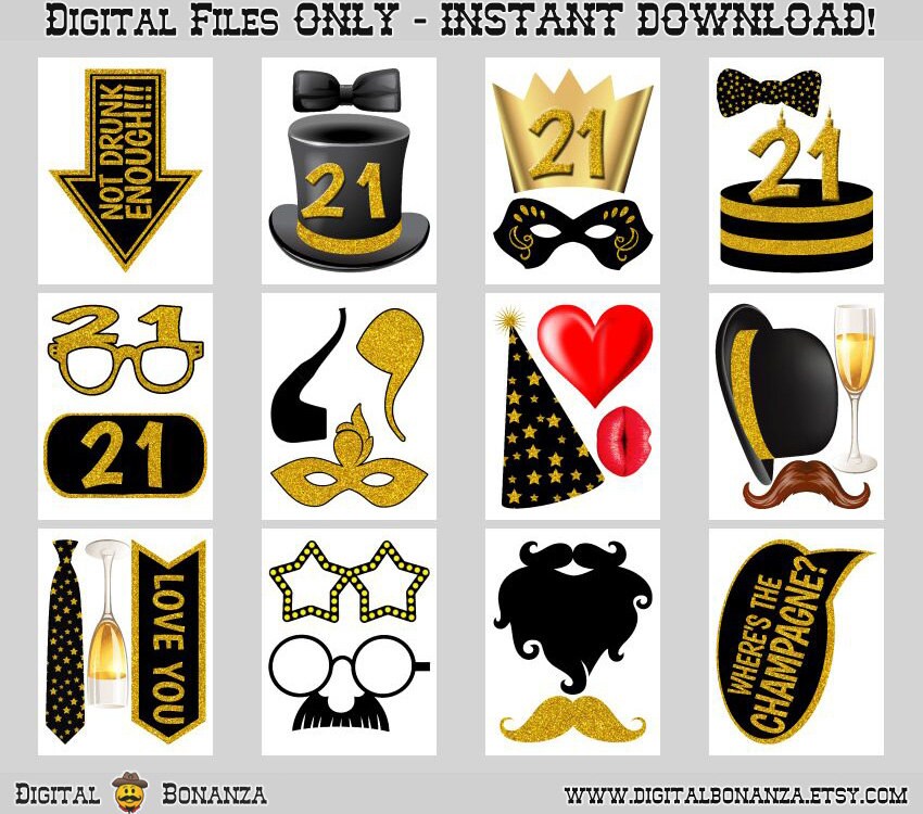 21st Birthday Party Printable Photo Booth Props. Black and - Etsy