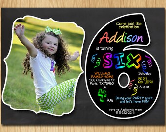 6th birthday invitation chalkboard invite rainbow colors sixth birthday party boy girl birthday with custom photo DIGITAL FILE ONLY KNB034