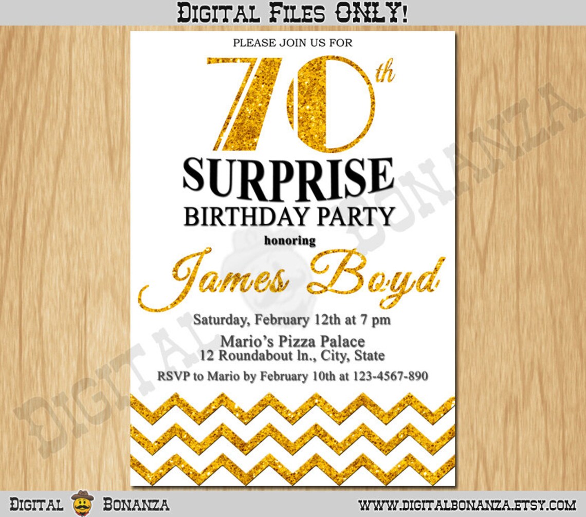 70th Birthday Invitation Gold Glitter Birthday Party Chevron | Etsy