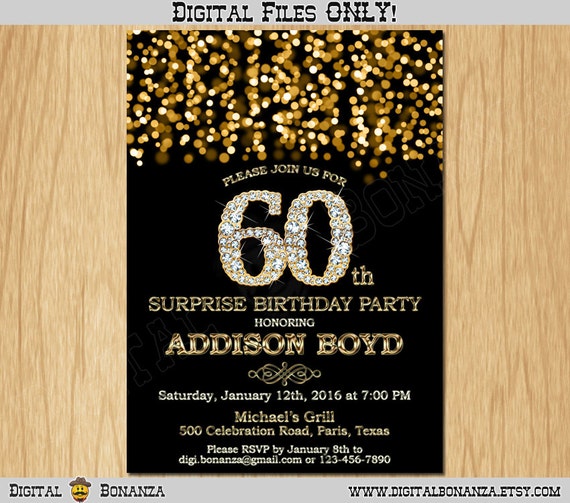 60th Birthday Invitation Gold Glitter Party Invitation Elegant Sixty Invite Black Chalkboard Gold Diamonds Sparkles Posh ABD01-60 Il_570xn
