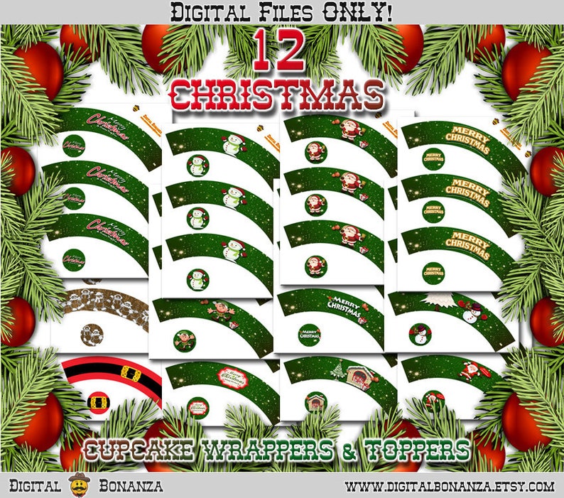 Christmas Cupcake Wrapper and Topper, Set of 12 Designs, Instant Download PDF digital File Only WBXmas image 4