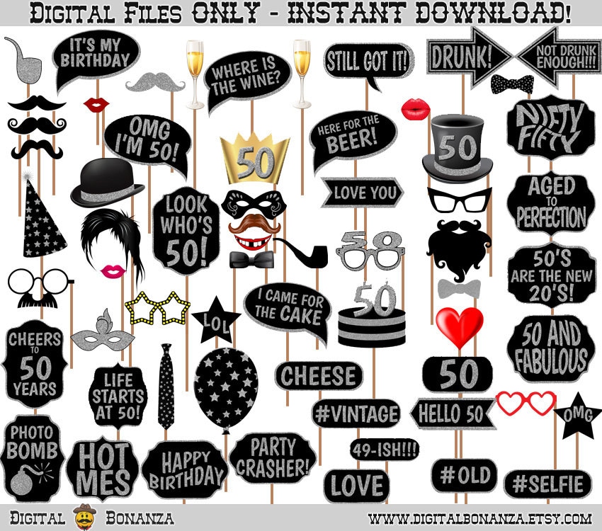 50th-birthday-party-photo-booth-props-black-and-silver-glitter-printable-photobooth-etsy