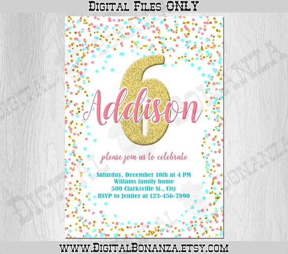 6th Birthday Invitation Pink Teal Gold Confetti Birthday Invitation