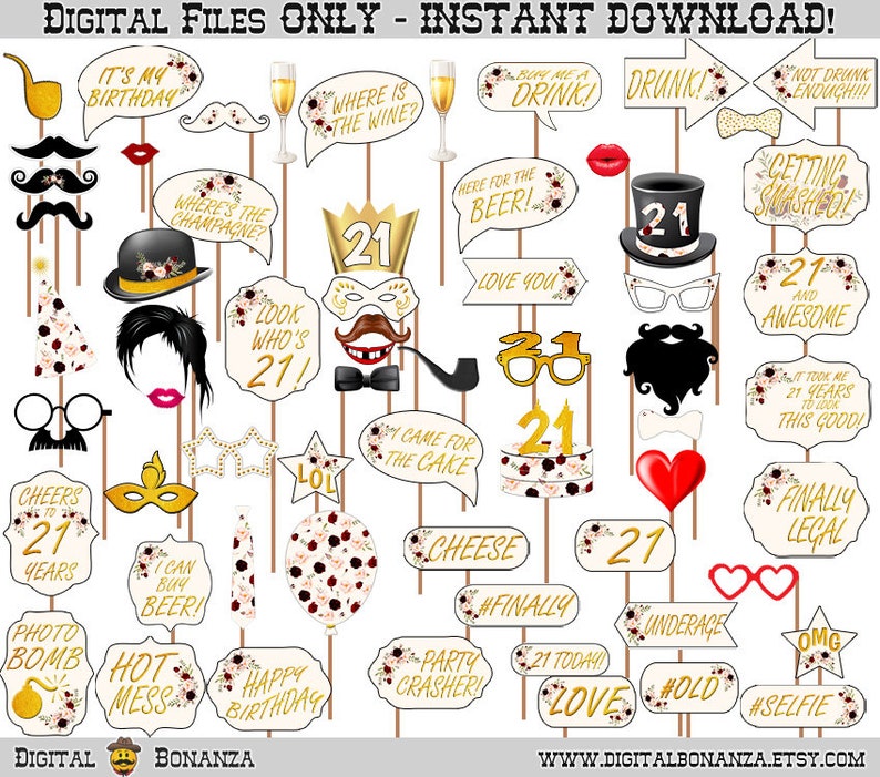 21st Birthday Party Printable Photo Booth Props Marsala - Etsy