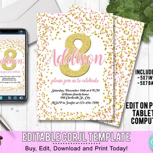 Girl 8th Birthday Invitation Pink and Gold Eighth birthday invite Glitter Confetti Birthday Invitations Blush pink Birthday Invites Kids DIY
