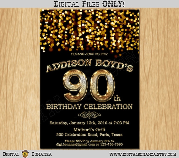 90th Birthday Invitation Gold Glitter Party Invitation Elegant Ninety Invite Black Chalkboard Gold White Sparkles Posh ABG02-90 Il_570xn