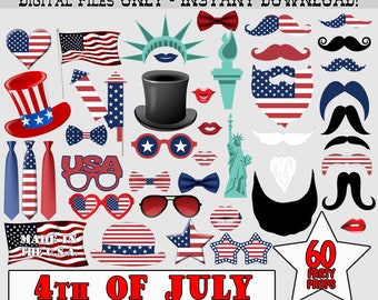 4th of July Photo Booth Props, Patriotic Party Decor (Digital Download)