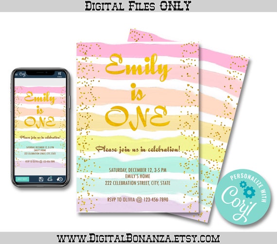 Rainbow 1st Birthday Invitation Template EDITABLE FILE. Gold Confetti Pastel Rainbow Stripes Girls First Birthday Invitation. Il_570xn