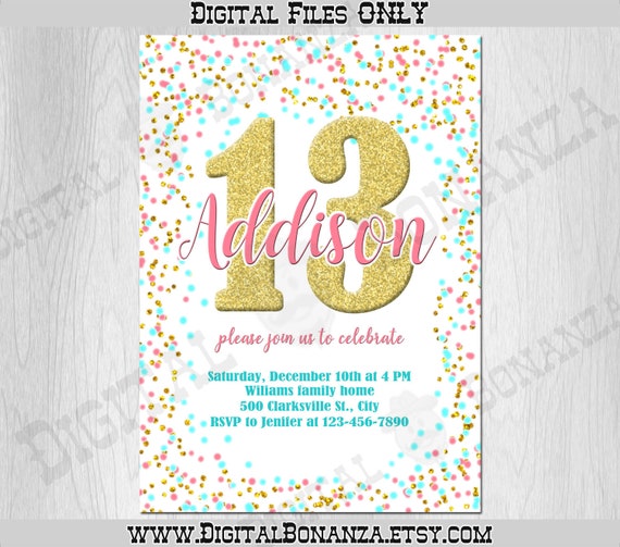 13th birthday invitation pink teal gold confetti birthday printable 13th birthday invitations