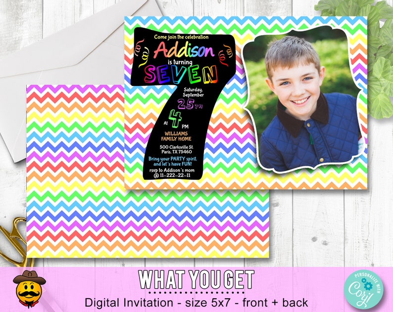 7th Birthday Invitation Rainbow Chevron. Edit Yourself Online. Seventh Birthday Party Invite with Photo Printable Digital DIY Corjl image 5
