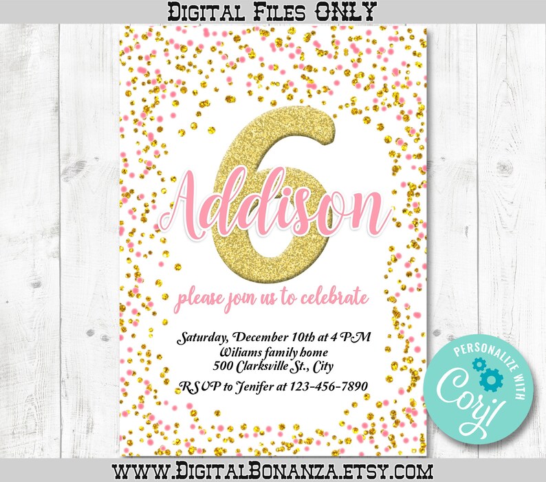 Girl 6th Birthday Invitation Pink and Gold Sixth Birthday Etsy