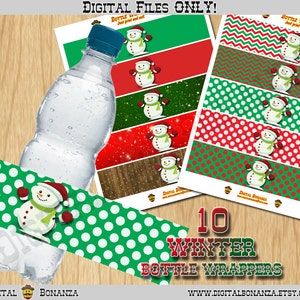 Winter Water Bottle Labels, Frozen Christmas, Snowman, Bottle Wrapper, Instant Download- PDF digital File Only WBXmas